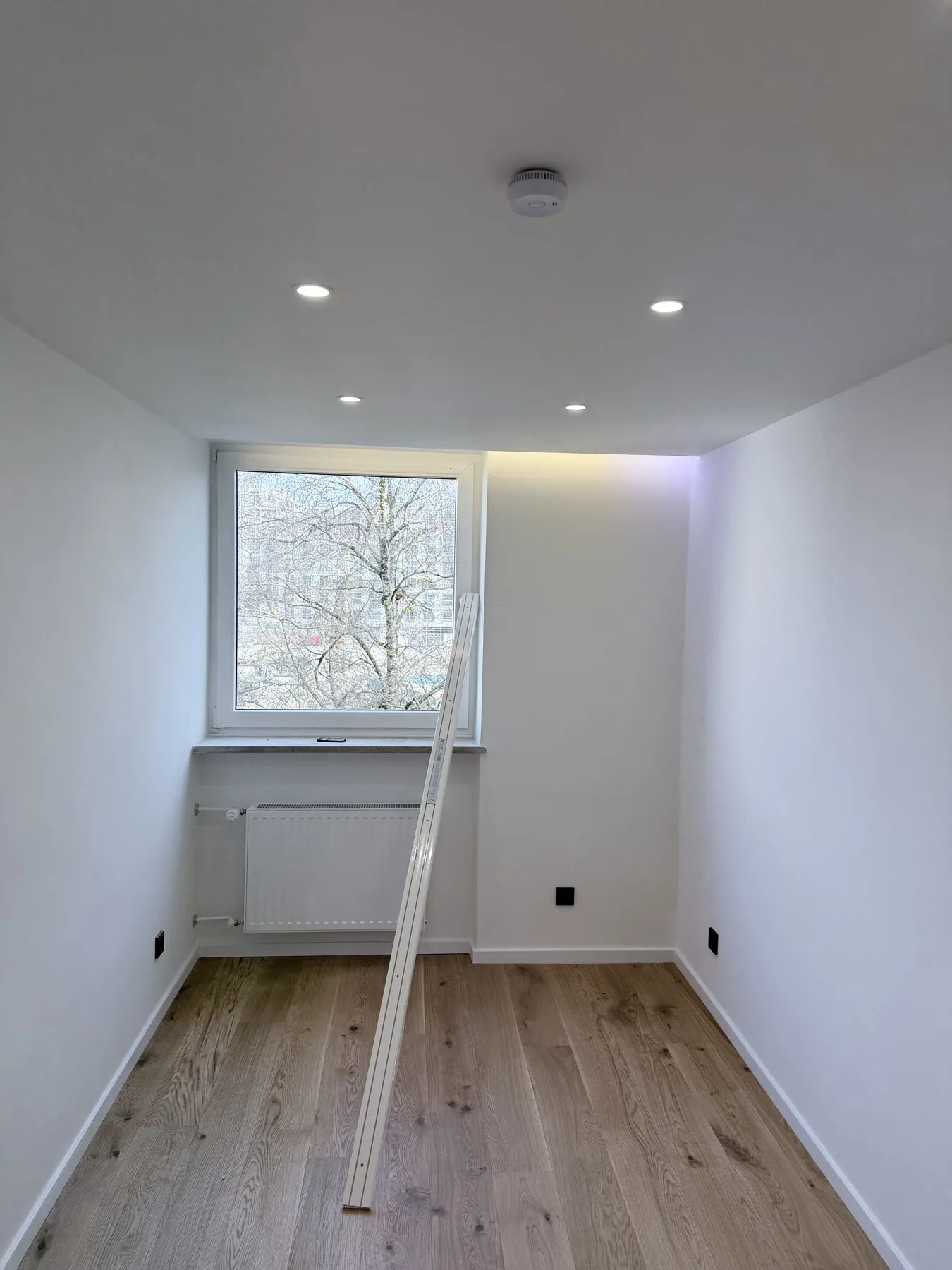 Kernsanierung Kieferngarten München – Wohnraum mit Eichenholz-Akzentwand